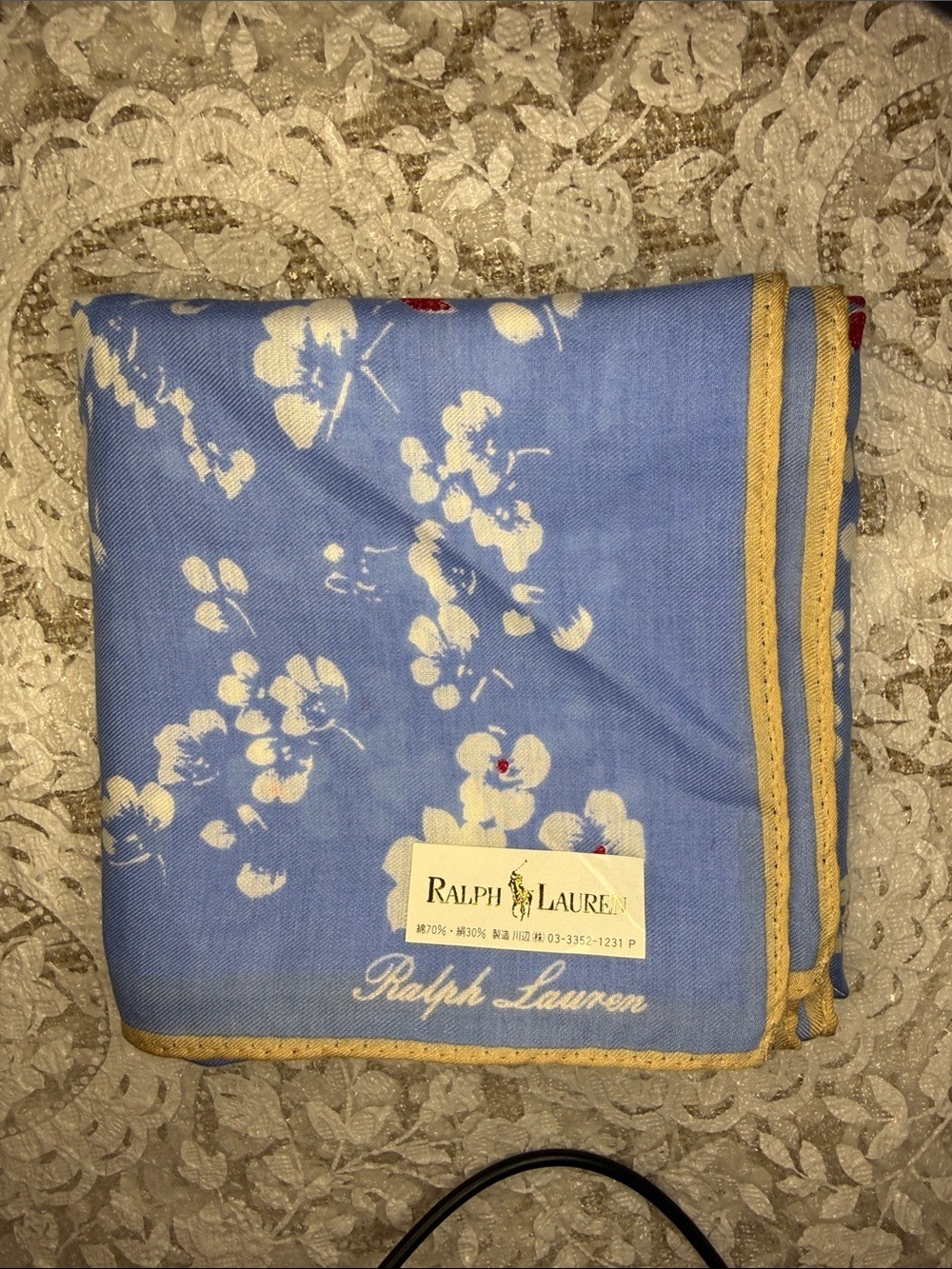 Blue Floral Cotton Throw Blanket with Red Accents